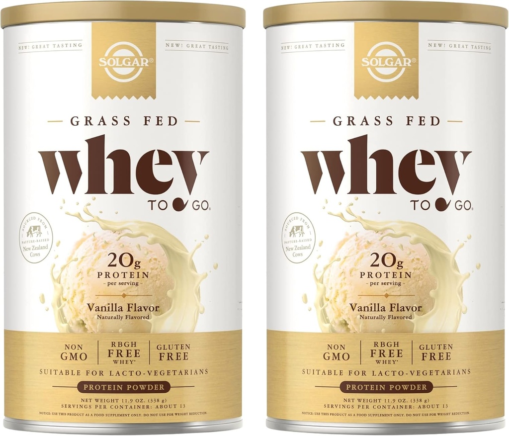 SOLGAR Gras Fed Whey to Go, Vanille - 11,9 oz, Verpakking van 2 - Gras-Fed Wei Proteïne Poeder - rBGH Vrij, Non-GMO, Glutenvrij - 26 Totaal porties