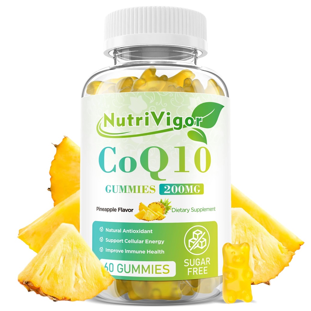 CoQ10 Gummies, Coenzyme Q10 Supplement 200 mg, Hoge Absorptie CoQ10 Supplement voor Cellulaire Energie en Immune Gezondheid, Veganistisch, Glutenvrij, Ananas Smaak, 60 Tellen