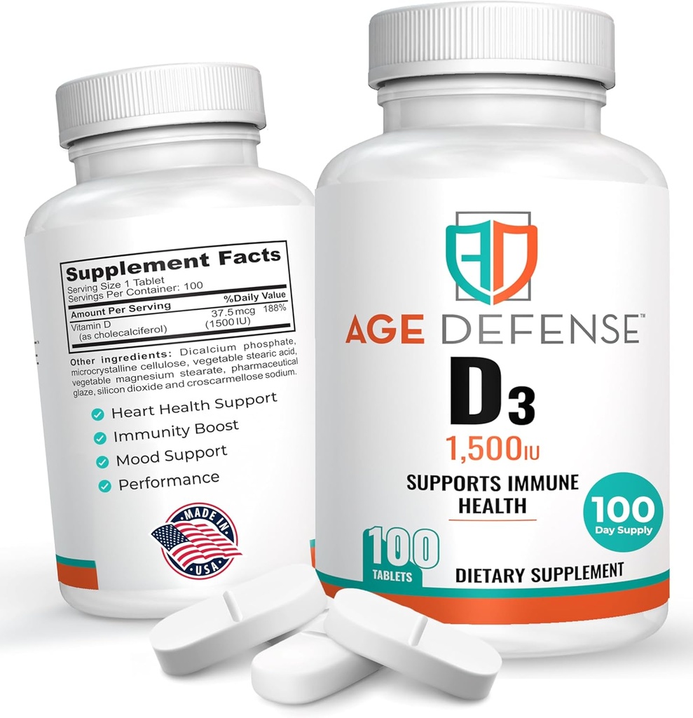 1500 IE Vitamine D3-100 Vitamine D3 Tabletten voor de gezondheid van het hart, immuunondersteuning en spierfunctieondersteuning - Vitamine D-supplementen met hoge dosis voor vrouwen en mannen - 35,7 mcg Vitamine D3 Tabletten