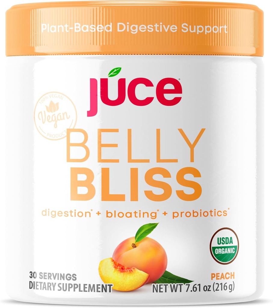 Júce Belly Bliss, Peachy Greens, 30 porties, Probiotica + Groenen, opgeblazen ondersteuning met Plant-Based Digestieve Enzymen, Dieetsupplement Poeder - Door Terra Kai Organics