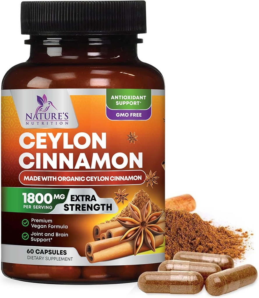 Biologische Ceylon Cinnamon Supplement 1800mg - Certified Organic Ceylon Cinnamon Powder Pillen - Energy & Heart Support for Women & Men, Bottled in USA, Antioxidant, Gluten Free, Non-GMO - 60 Capsules