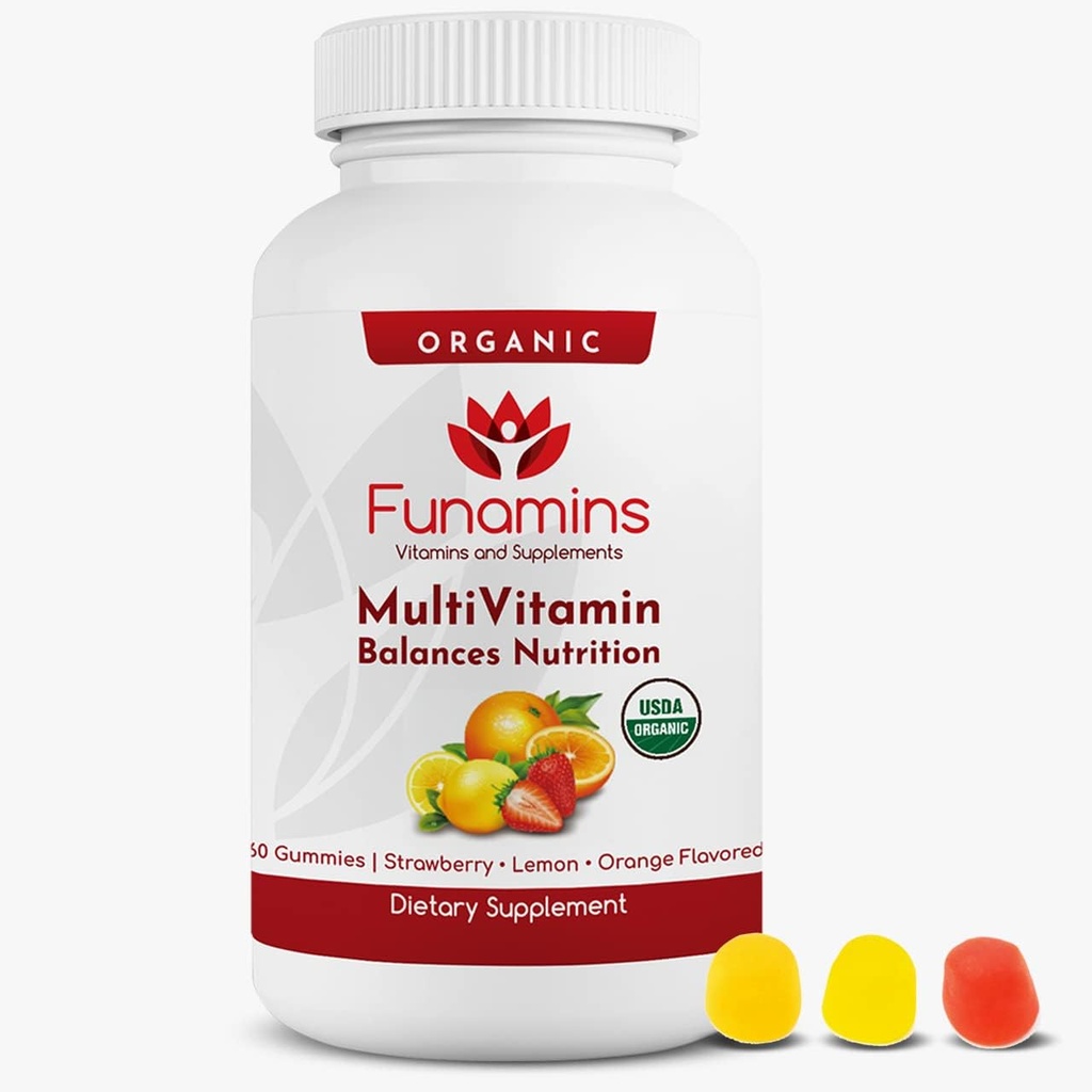 Organic Gummy MultiVitamins, Blend of 11 Essential Nutrients, for Kids and Adults, Vegan, 60 Count; Assorted Strawberry, Lemon, Orange Flavors