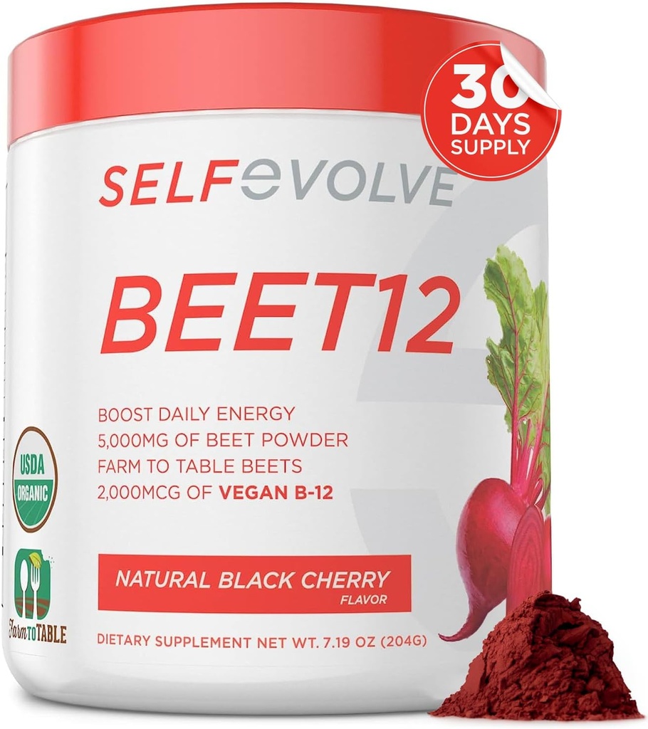 selpevolve Beet12 - Biologische Beetwortelpoeder Verbeterd met vitamine B12, Nitrikoxide Booster, Beetsap Poeder Ondersteuning Natuurlijke energie, Beetpoeder met zwarte kersensmaak, 30 porties