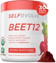 selpevolve Beet12 - Biologische Beetwortelpoeder Verbeterd met vitamine B12, Nitrikoxide Booster, Beetsap Poeder Ondersteuning Natuurlijke energie, Beetpoeder met zwarte kersensmaak, 30 porties