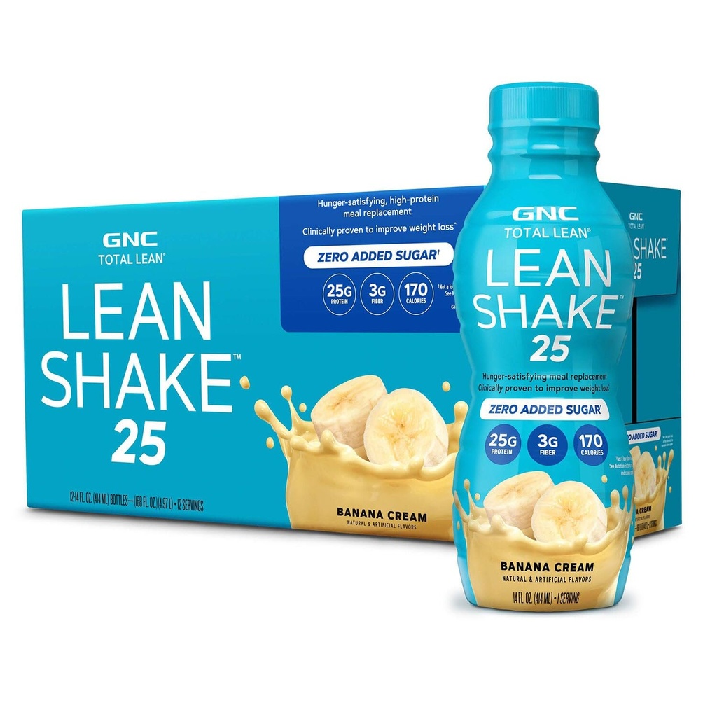 GNC Lean Shake 25 proteïneshake, klinisch bewezen gewichtsmanagement, Maaltijdvervanging, 25g eiwit met nul toegevoegde suiker, klaar om te drinken, bananencrème, verpakking van 12
