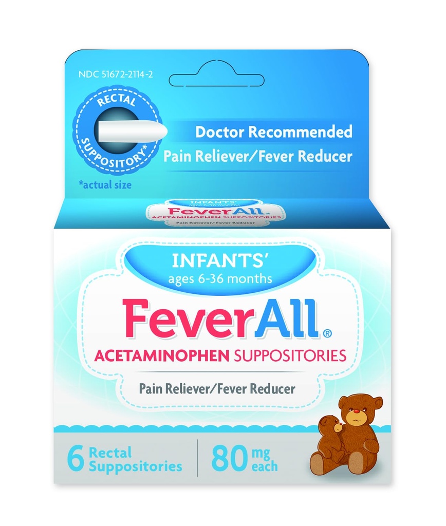 Feverall Infant Acetaminophen Suppositories 6 Rectal Suppositories 80mg Each Pain Reliever/Fever Reducer. Paraben Free, No Artificial Colors or Other preservatives. Ages 6-36 Months