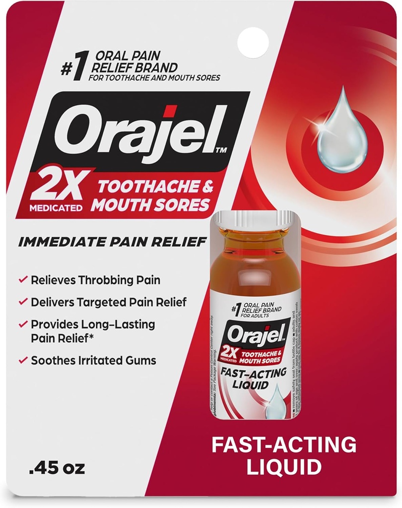Orajel 2X Gemedicineerde tandpijn & mondverdoving Vloeibaar, 0,45 fl oz
