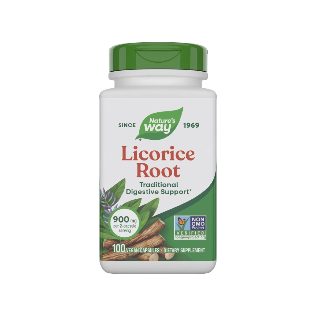 Nature's Way Licorice Root, Traditioneel Digestief Ondersteuningssupplement*, 900 mg per 2-Capsule Serving, Non-GMO Project Geverifieerd, 100 Vegan Capsules (Verpakking mei Vary)