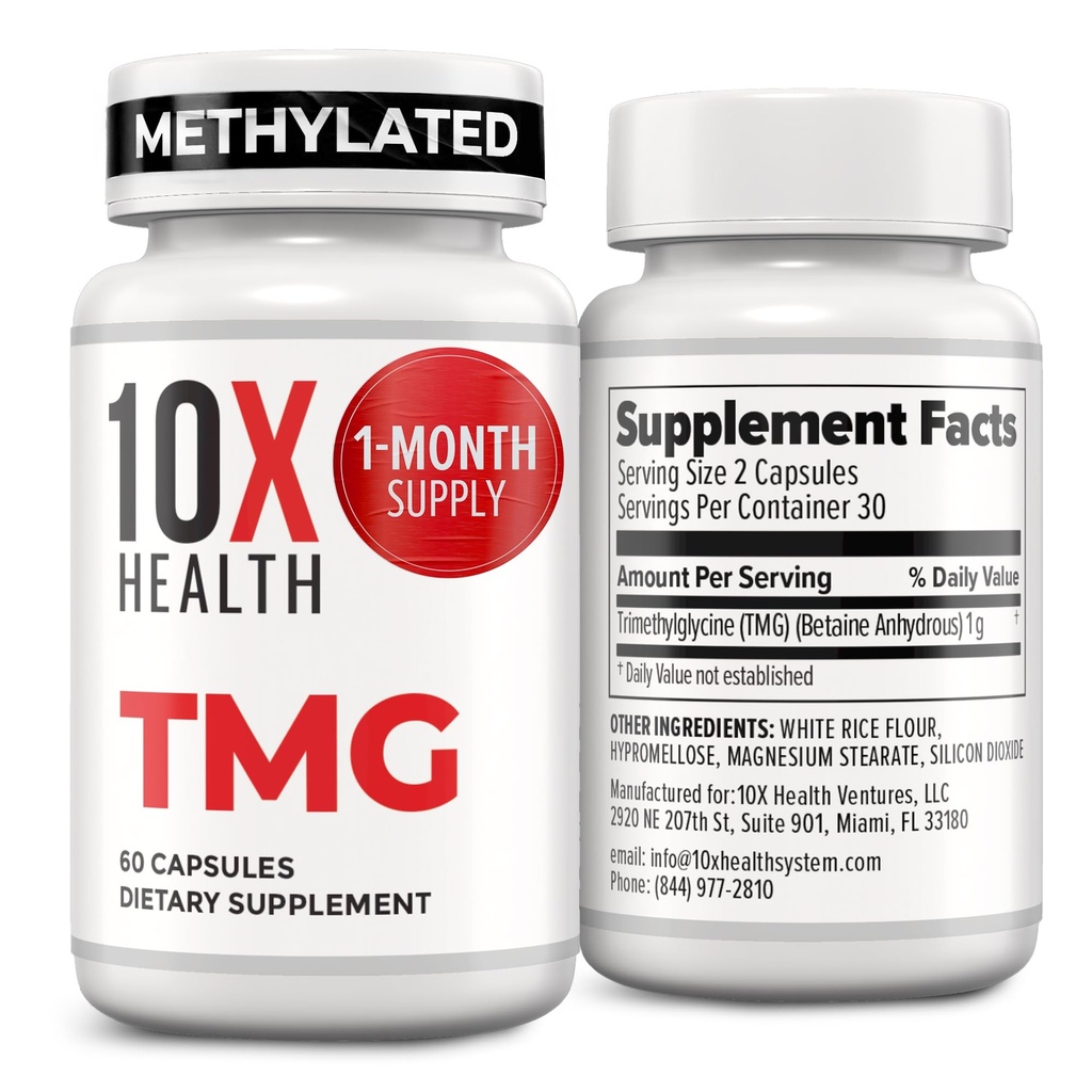 10X Health TMG Supplementen - trimethylglycine Supplement voor leverondersteuning, hartwellness, energie, homocysteïne niveaus - TMG Capsules met Betaine Anhydraat - Non-GMO & Glutenvrije - 60 capsules