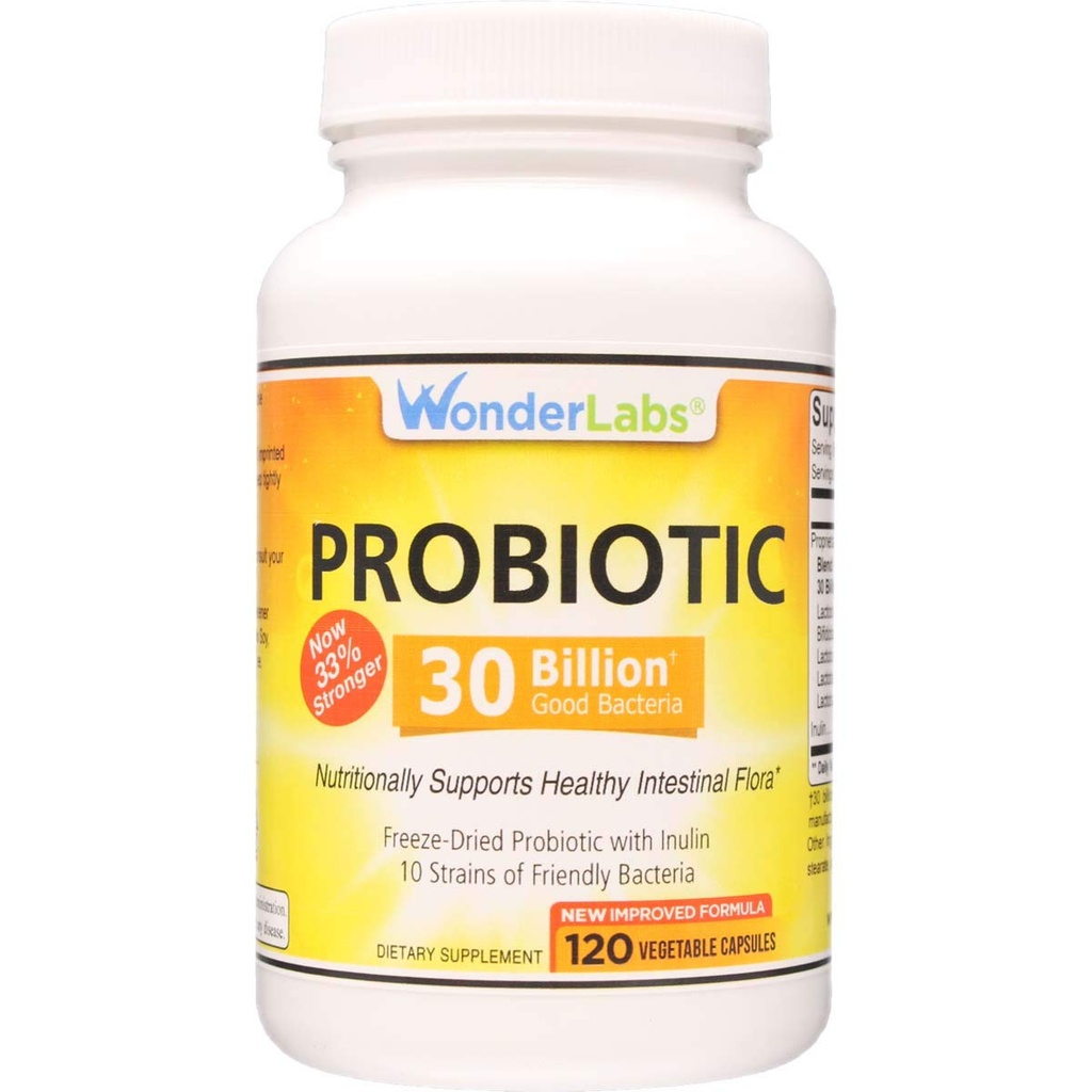 Wonder Laboratories Probiotic 30 Miljard Goede Bacteriën (8 Lactobacillus Strains en 2 Bifidobacterium Strains), Voeding ondersteunen een gezond spijsverteringssysteem, 120 capsules