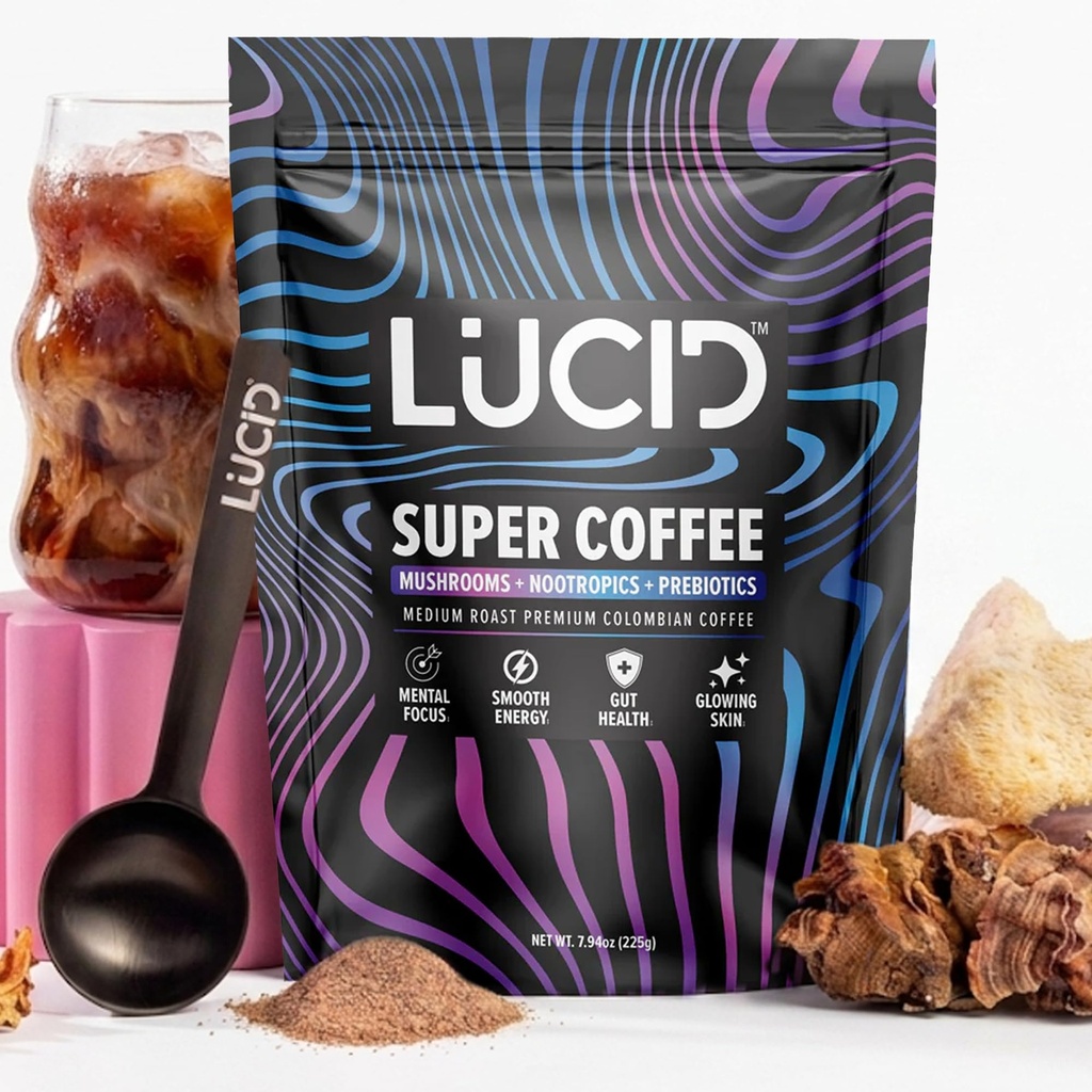 Lucid Superfood Biologische Paddestoelen Koffie met Nootropics - Lion's Mane, Tremella, Cordyceps & Turkije staart - Instant Mushroom Koffie Focus Brain Health - Alpha GPC, L-Theanine, Ginko Biloba - USA Made
