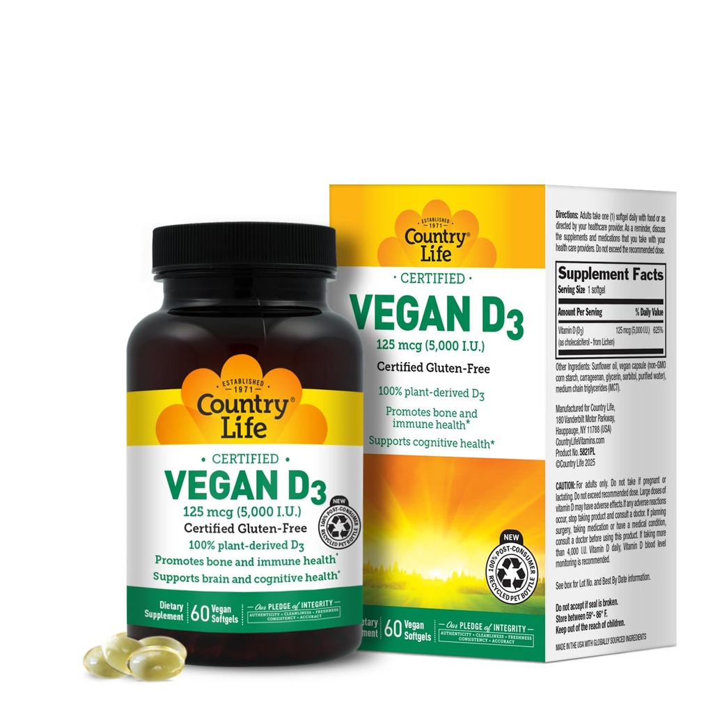 Country Life Vegan D3 5000 IE Plant-Derived Vitamin D3 from Lichen 