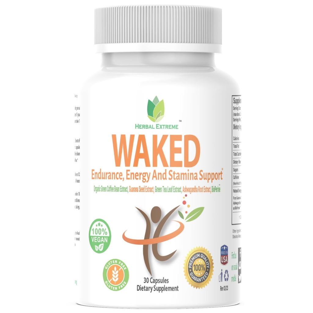 Waked Endurance, Energie en Uithoudingsvermogen Ondersteuning 30 Capsules Biologische Green Coffee Bean Extract, Guarana Seed Extract, Green Tea Leaf Extract, Ashwagandha Root Extract, en Black Pepper Extract als BioPerine