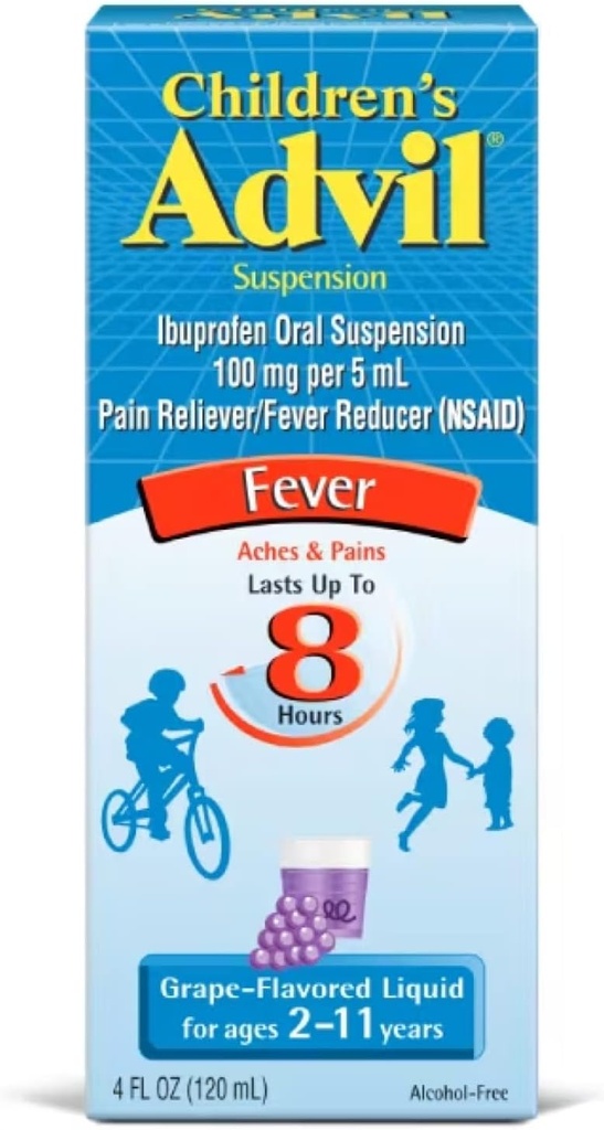 Kinderen Advil Suspension Ibuprofen 100mg Fast Pain Reliver en koorts Reducer Laatste tot 8 uur Druivensmaak Liquid voor leeftijden 2 tot 11 jaar - 3 verpakking van 4 FL Oz flessen