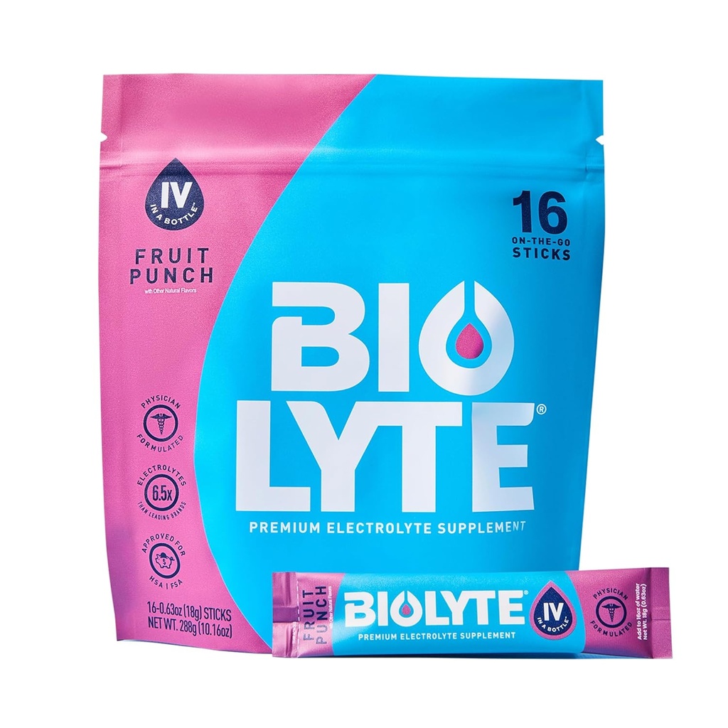 BIOLYTE IV Electrolyte Powder Packets, IV Liquid Drink Mix for Water, Doctor-Developed Hydration, HSA & FSA Approved Dehydration Relief, Chemotherapy Must Haves for Women, Men- Fruit Punch (16 Sticks)