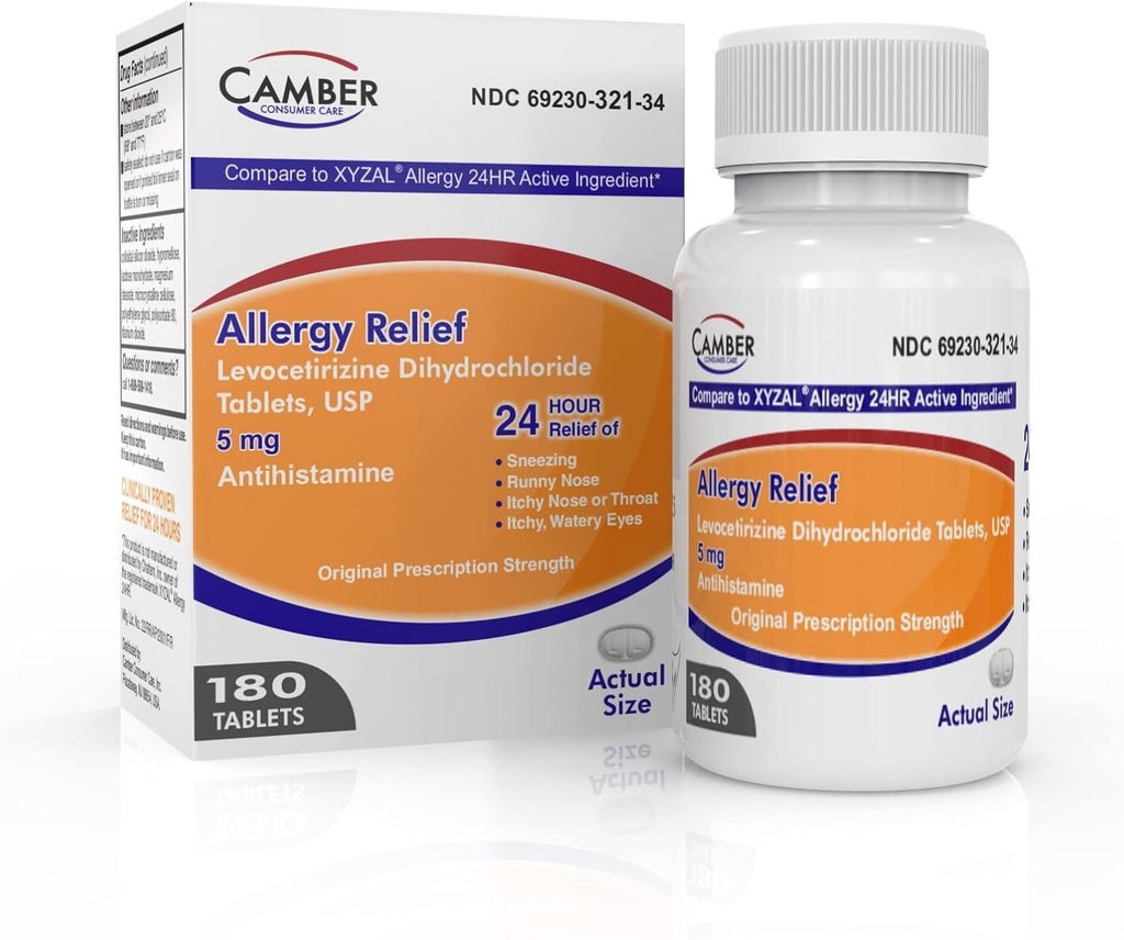 Camber Consumer Care Levocetirizine Dihydrochloride 5mg Antihistamine Tablets, Allergy Relief Medicine (180 Count)