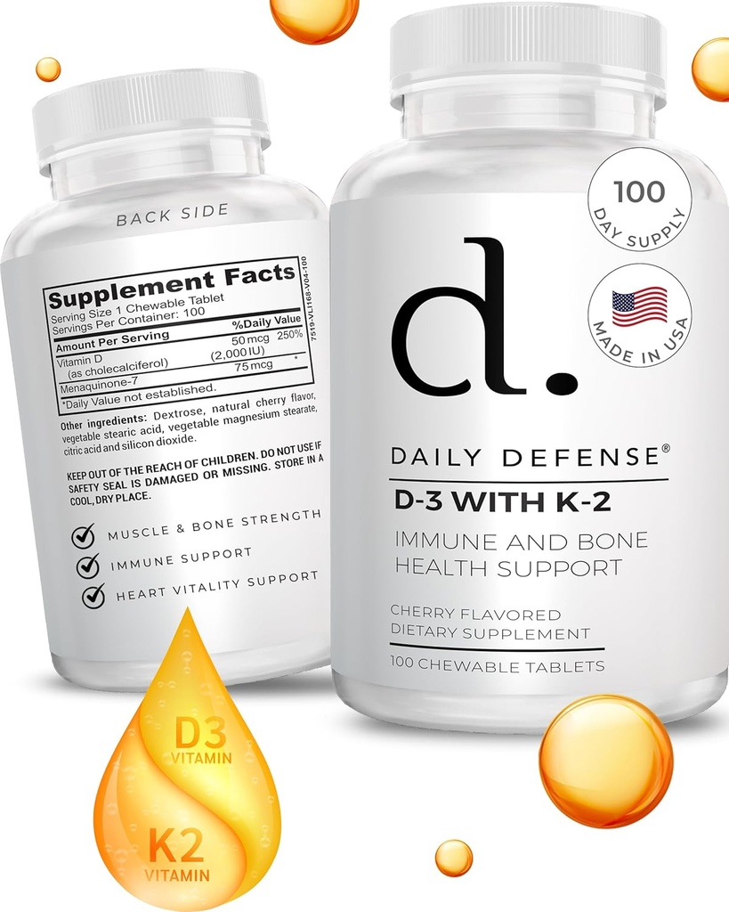 Immuunverdedigingssupplementen Vitamine D3 K2 2000IE voor de gezondheid van het hart, dagelijkse Immuunondersteuning, geestelijke helderheid, & spierfunctie - 100 kauwtabletten