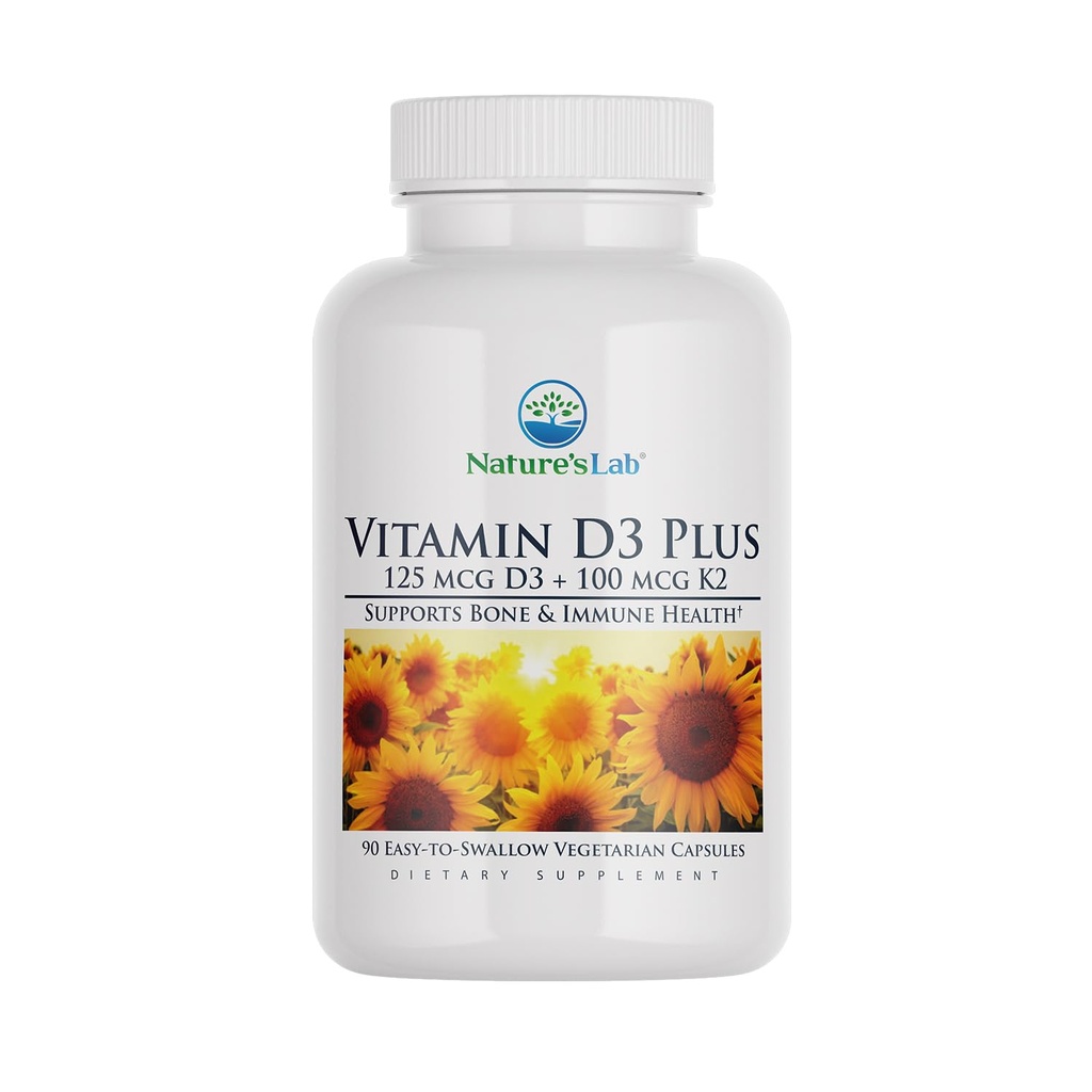 Nature's Lab Vitamin D3 Plus - Bevat vitamines D3 en K2 (MK7) voor Immune Support, gezonde botten en cardiovasculaire gezondheid* - Glutenvrij, niet GGO - 90 capsules (3 maanden levering)