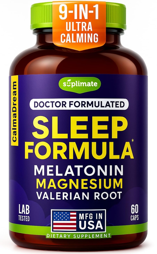 9-in-1 Melatonine slaaphulp voor volwassenen - USA Made, Lab Tested with Melatonine 5mg and 108mg Magnesium for Sleep - TRAACS, Ashwagandha, Valerian Root, GABA, 5HTP, Herbal Sleep Supplement, Vegan, 60 Caps