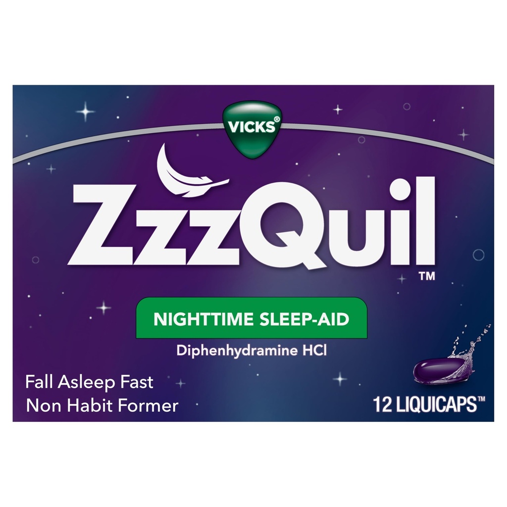 ZzzQuil, Nachtslaaphulp LiquiCaps, 25 mg Difenhydramine HCl, No.1 Sleep-Aid Brand, Non-Habit Forming, Val Slaap Snel, 12 Tellen
