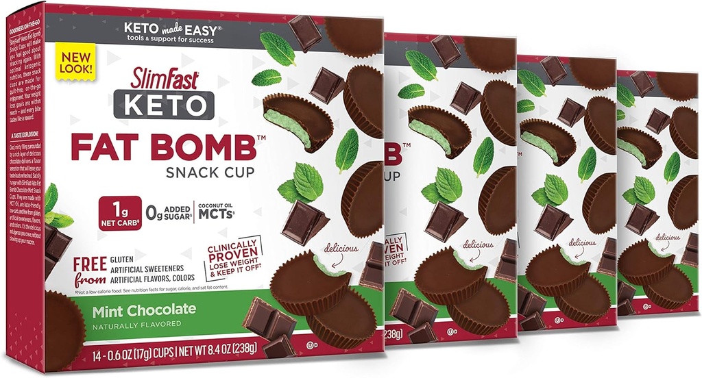SlimFast Keto Fat Bomb Snack Cup, Mint Chocolate, Keto Snacks for Weight Loss, Low Carb with 0g Added Sugar, 14 Count Box (Pack of 4)
