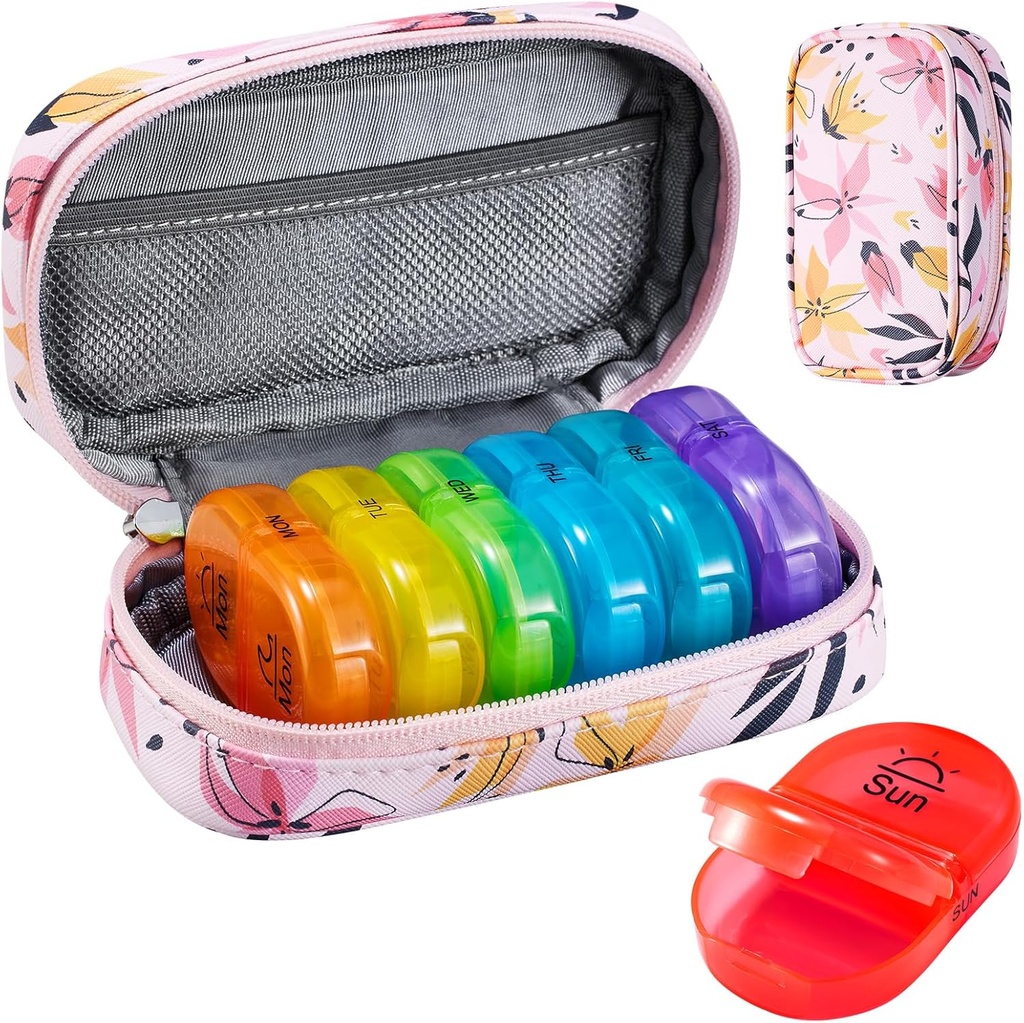 Serfeymi Weekly Travel Pill Organizer 2 Times A Day AM PM Upgraded Rainbow Pill Box 7 Day with Portable Zipper PU Leather Pill Case, Medicine Organizer for Pills, Vitamins, Fish Oils - Pink 03