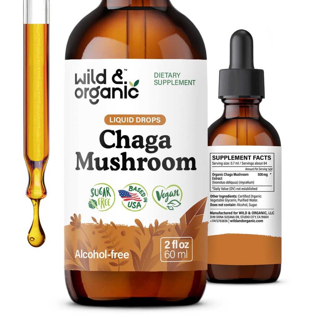Wild & Organic Chaga Mushroom Tinctuur - Immune Ondersteuning met Chaga Paddestoel Extract Liquid - Immunity Drops Supplement - Vegan, Sugar & Alcohol-Free - 2 floz