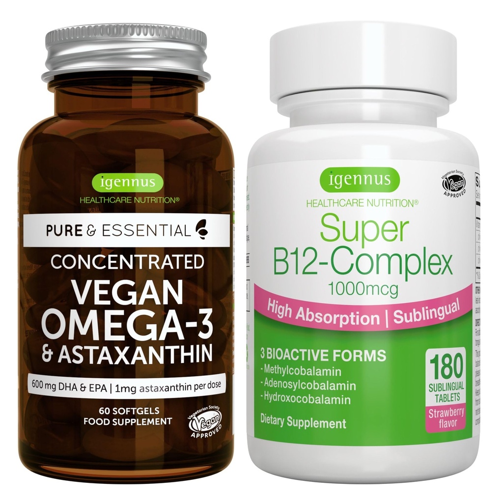 Vegan Omega-3 + Super B12-Complex 1000mcg Vegan Bundle, Sustainable EPA & DHA Algenolie 1340mg + Hoge Absorptie Sublingual Vitamine B12 Met Methylcobalamine, Adenosylcobalamine & Hydrooxocobalamine, door I