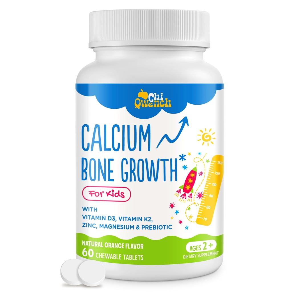 500 MG Calciumsupplement met vitamine D3 & K2, zink, magnesium & prebiotica. Kinderen Vitaminen voor de kinderhoogte. Botsterkte, Hoge Absorptie, Oranje Kauwtabletten, Non-GMO, Glutenvrij, 60 Tabs