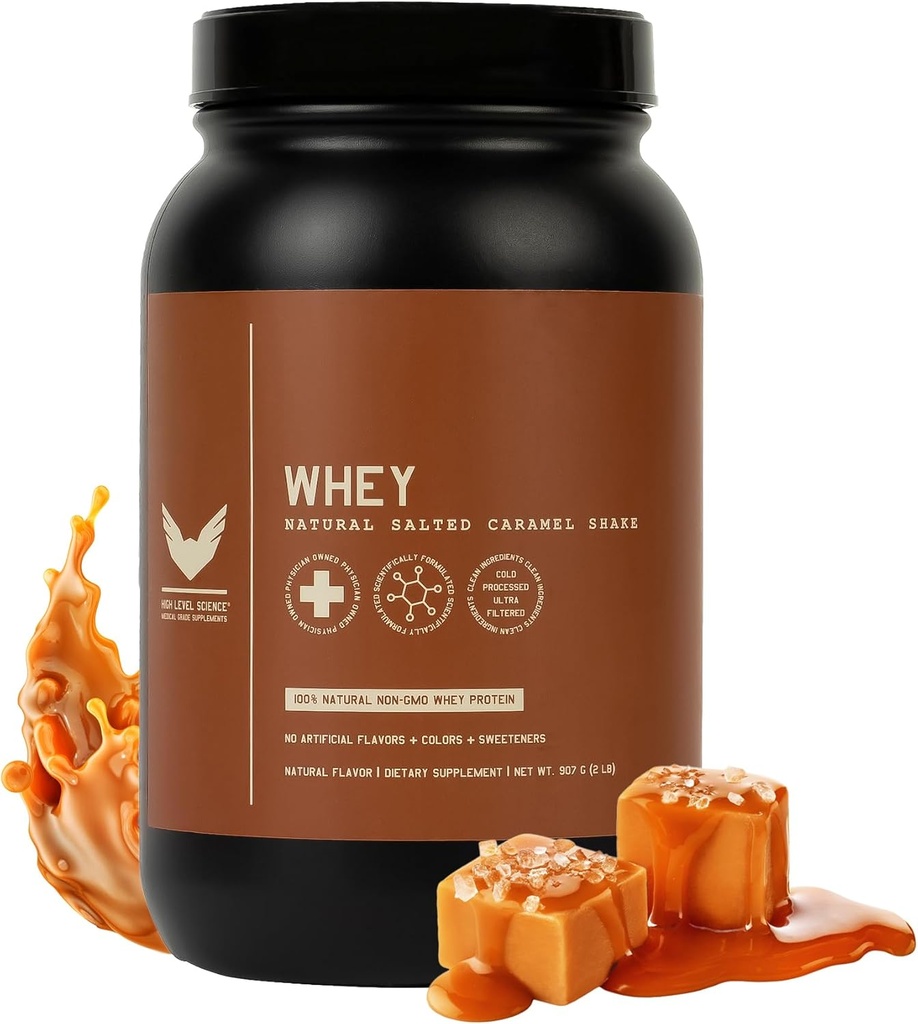 High Level Whey Protein Powder, Natural Salted Caramel Shake, 24g Protein, 2 lb, Ultra-Filtered, Non-GMO, Stevia Swetened, Digestieve Enzymen, Glutenvrij, Geen kunstmatige additieven, Made in USA