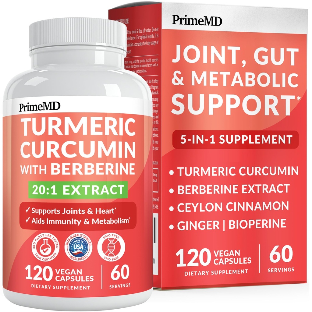 5-in-1 Organische Kurkuma Curcumine Supplement (4210 mg) met Berberine, Ceylon Cinnamon Bioperine en Gember Supplementen voor Gezamenlijke, Hart, Gut, & Metabole Ondersteuning (120 ct)