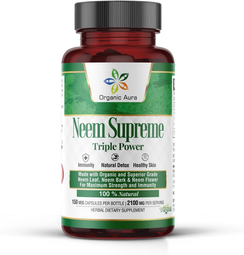 Biologische Aura Neem Supreme Capsules. 150 Veg Capsules. Triple Complex - Max Strength Pure High-Potency Azadirachta Indica Capsule. Natuurlijke Antioxidant, Huid Gezondheid, Overvloedige Immuniteit Ondersteuning.