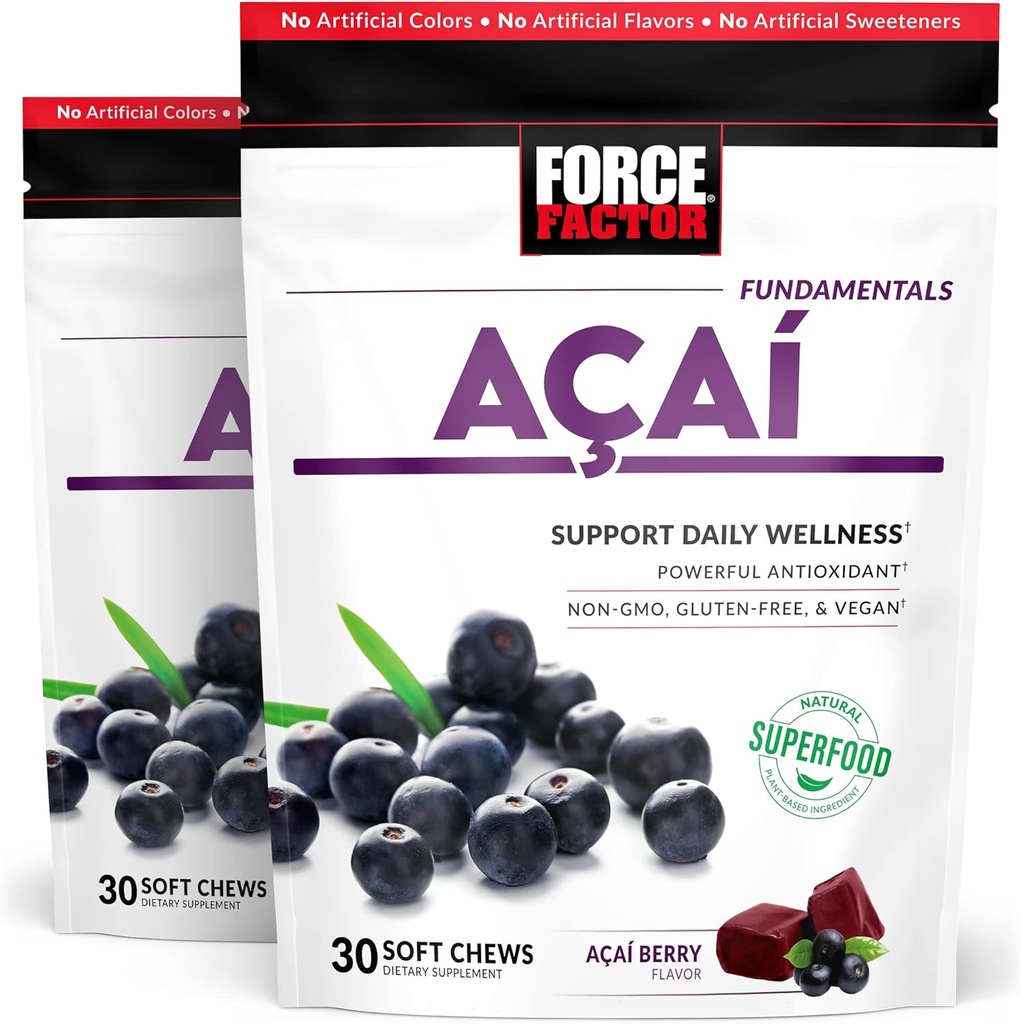 Force Factor Acai Zachte Kauwen voor Immune Ondersteuning, Oxidatieve Stress Defense, Superfood en Antioxidanten Supplement, Non-GMO, Gluten-vrij, en Veganistisch, Acai Berry smaak, 30 Zachte Kauwen, 2-Pack