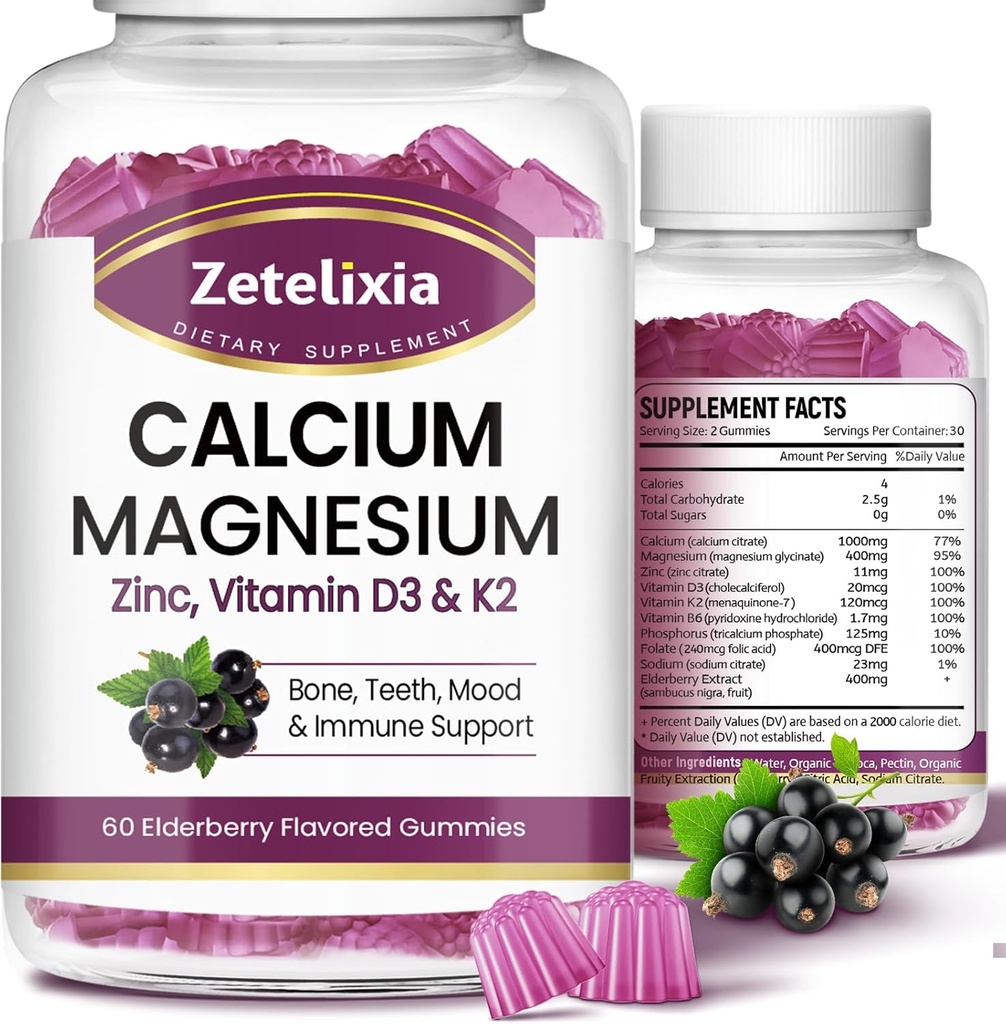 Calcium Gummies with D3, Calcium Magnesium Supplement with Glycinate, Potassium,Vitamine D3 & K2, &Whole Natural Food for Bone & Immune Support- 120 Kauwbare Gummy Vlierbessen Smaak
