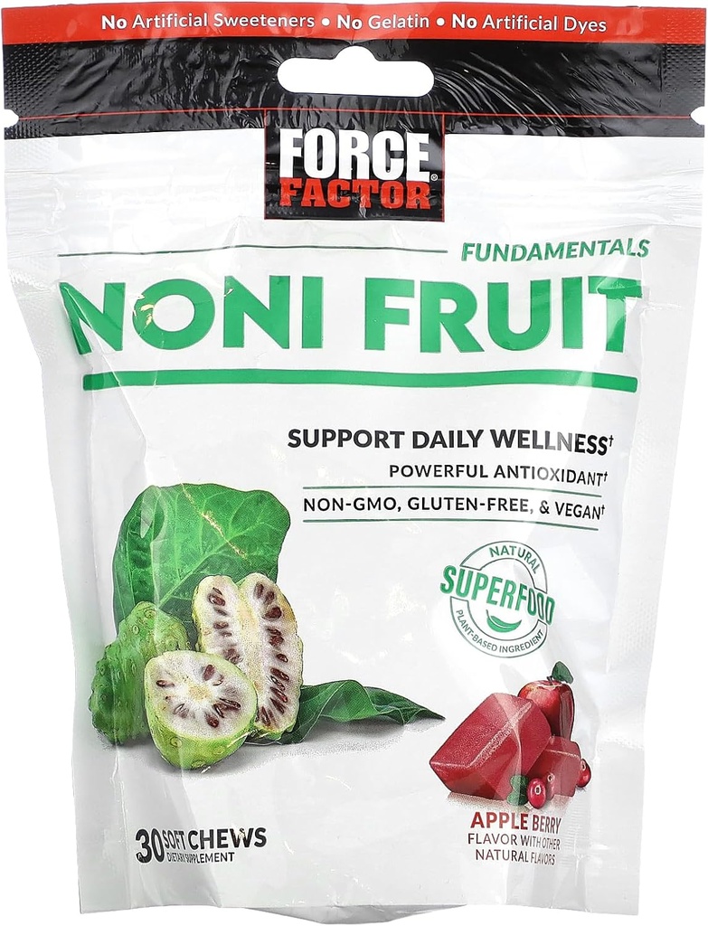 FORCE FACTOR Noni Fruit Kauwen voor Immuniteit en Huidgezondheid Ondersteuning, Noni Juice Supplement, Plant-based Antioxidant Superfood Kauwen, Gluten-Free, & Vegan, Apple Berry Flavor, 30 Zachte Kauwen