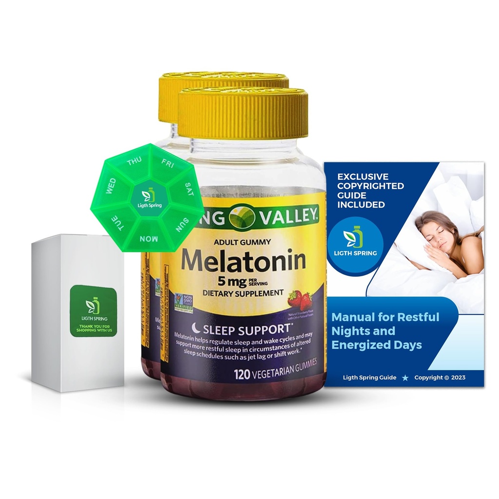 Melatonine 5Mg, 120 Gummies, slaapondersteuning (2 Pack) met bundel Exclusive Better Ligth&Spring Guide