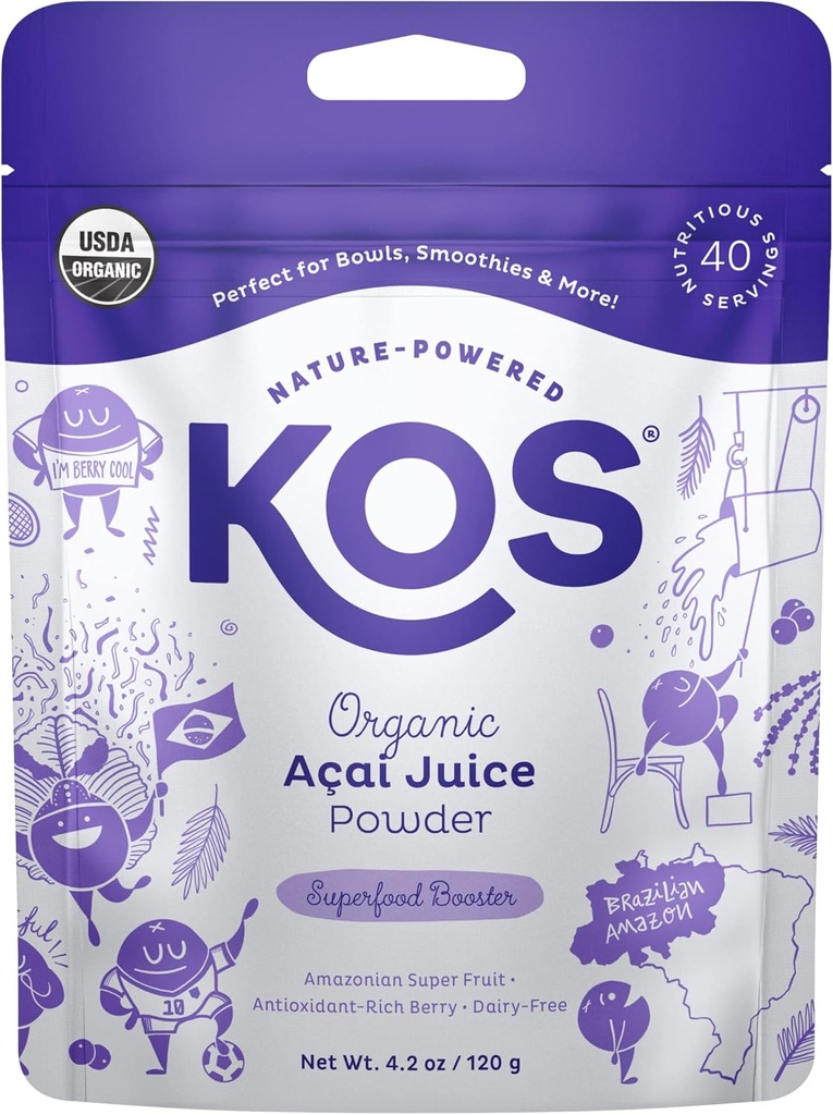 KOS USDA Organic Acai Powder, Unsweeted Superfood - Natural Antioxidant, Acai Berry for Smoothies and Bowls - Polyfenol Abundant, Gluten-Free, Non-GMO, Climate Friendly resealable Bag, 40 Servers