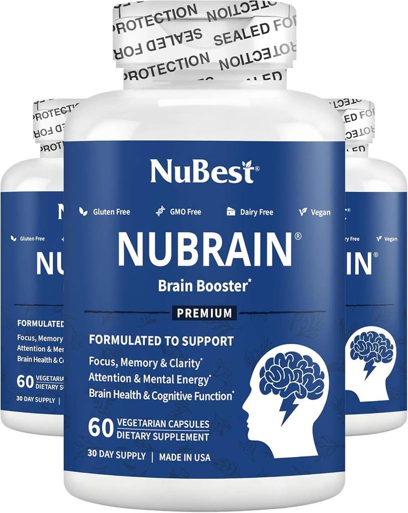 NuBrain - Advanced Brain Booster - Verbeter het geheugen, focus en helderheid met vitamine B6, Ginkgo Biloba, Bacopa Monnieri & meer - Hersensupplement voor mannen en vrouwen - 3 Pack 
