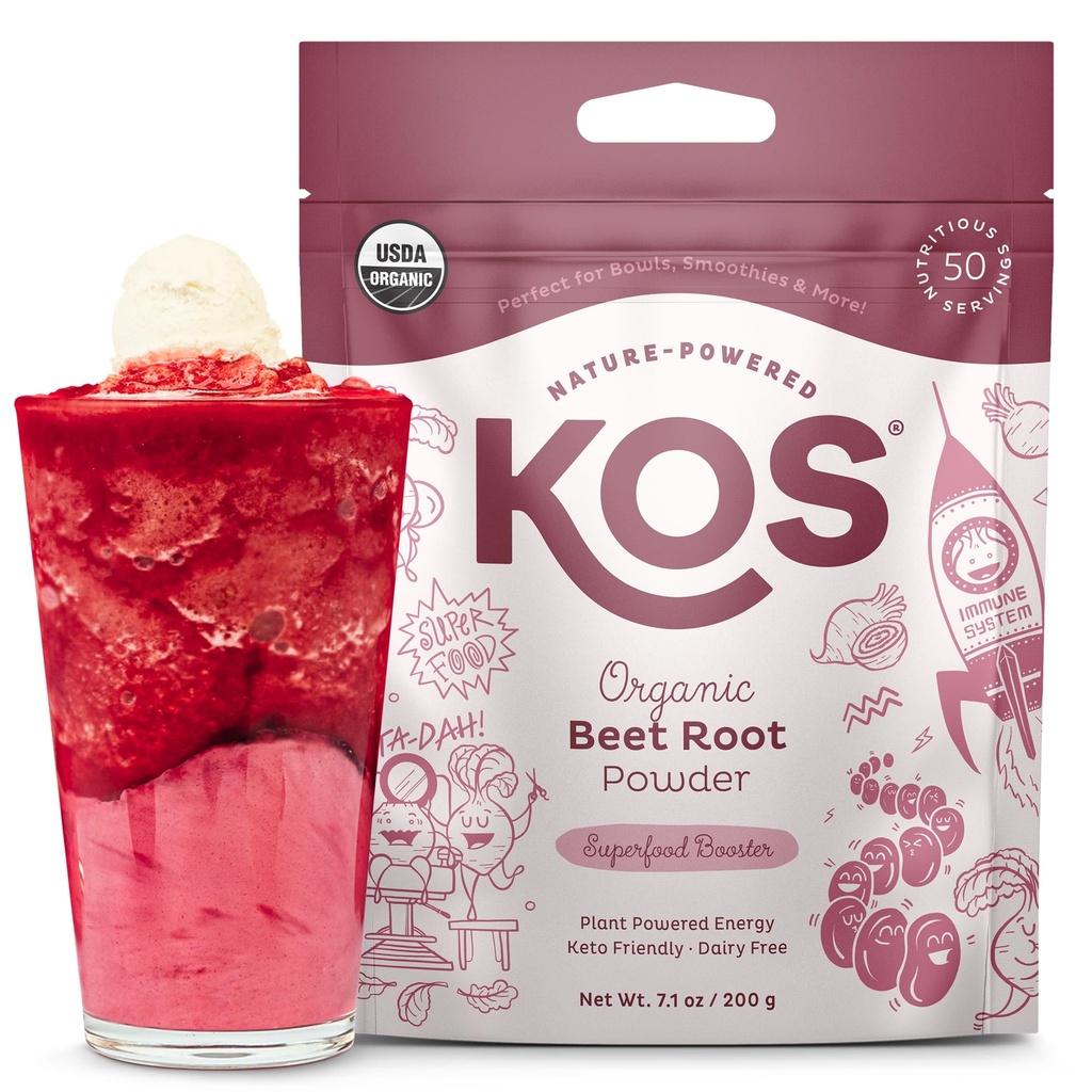KOS Organic Beet Root Powder, USDA Certified - Superfood Plant Based Beetwortel Ingrediënt voor uithoudingsvermogen verhogen, Circulatie - Non-GMO, soja & Glutenvrije, 50 Servers Bag