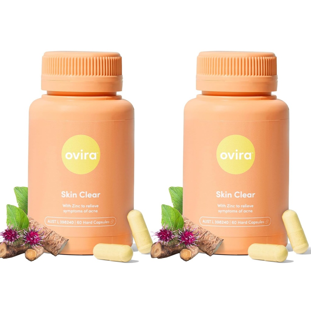 Ovira Skin Clear with ZINCBRIGHT - 60 Capsules for Clear and Glowing Skin | Rosacea & Hormonal Acne Treatment | Support Collagen Production | Acne Supplements for Women & Men - Pack of 2
