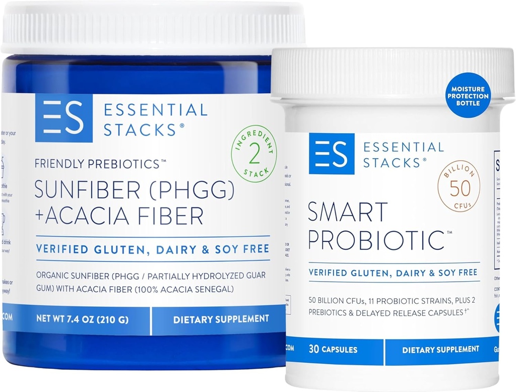 Essentiële Stacks Brandstof Uw Gut Bundle: Smart Probiotic (30 ct) + Vriendelijke Prebiotica (7.4 oz)