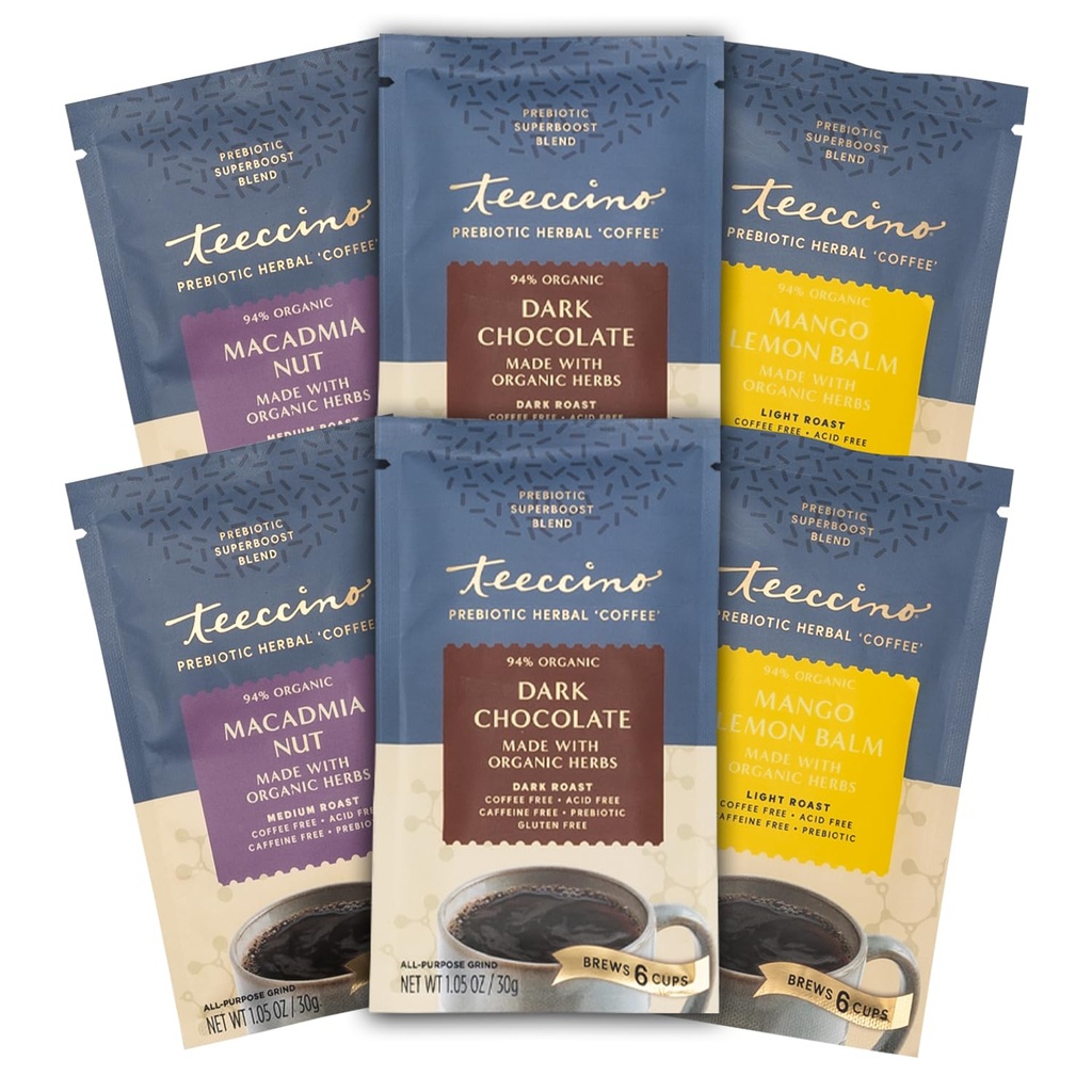 Teeccino Prebiotic SuperBoostTM Herbal Coffee Sampler - 6 Trial-Size Packets - Dark Chocolate, Mango Lemon Balm, Macadamia Nut - Prebiotic, Cafeine-Free, Ground Coffee Alternatieven voor goede Gut Health