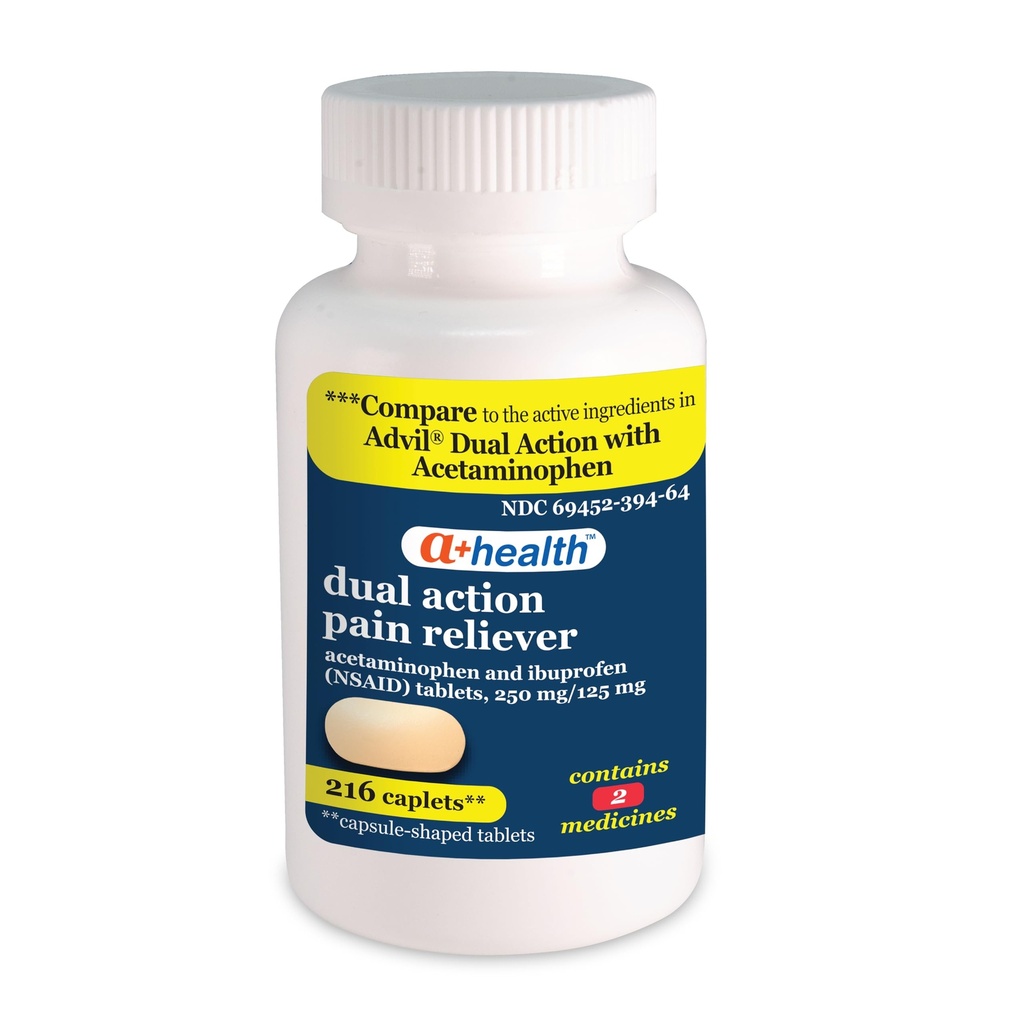 A+Health Dual Action Acetaminophen 250 mg en Ibuprofen (NSAID) 125mg Pain Reliever Caplets, 216 Tel.