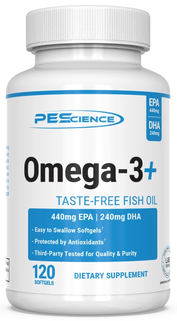 PEScience Omega-3+, 440mg EPA en 240mg DHA Fish Oil Supplement, gemakkelijk te slikken kleine grootte Softgel, Geen smaak, 60 porties