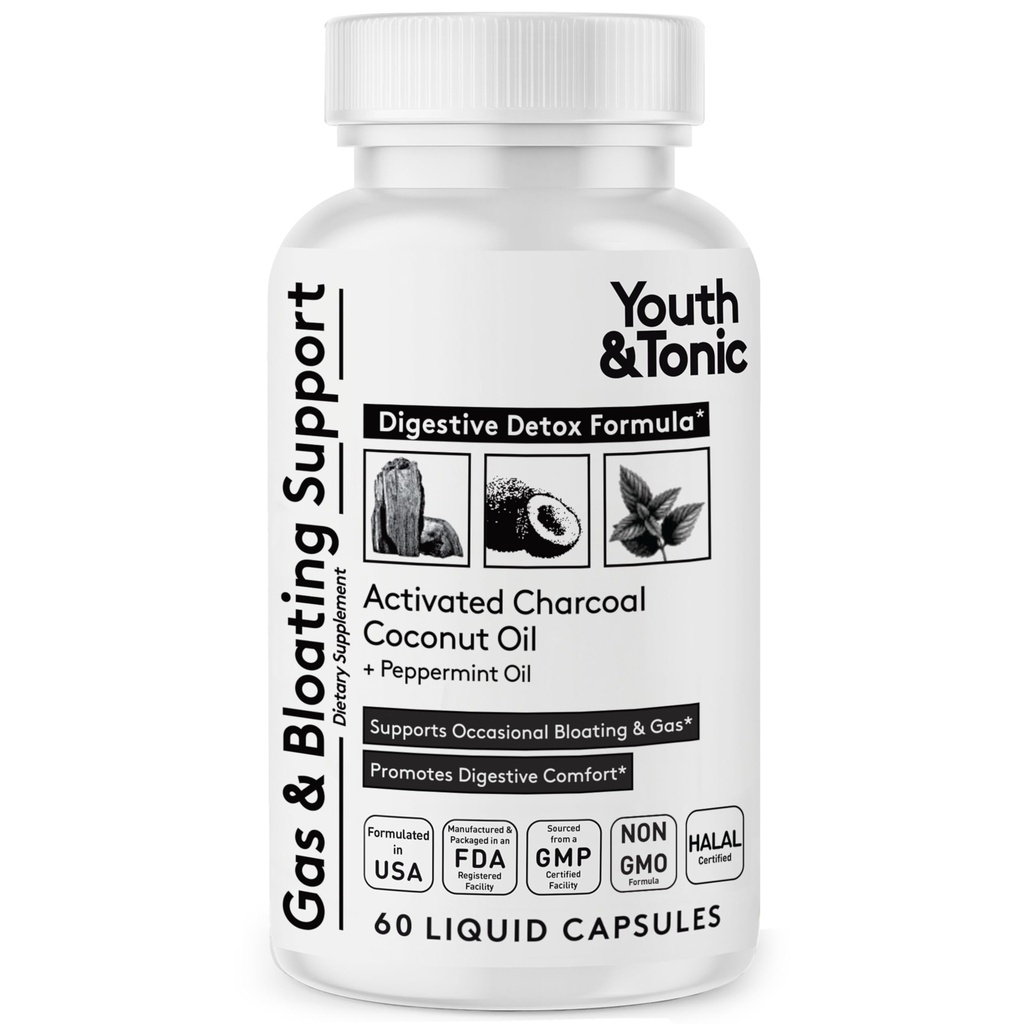Jonge & tonic geactiveerde Charcoal Pillen voor opgeblazen gevoel en gas verlichting om de maag en spijsverteringssysteem ontgiften met pepermunt en organische kokosolie, voor mannen & vrouwen - 60 vloeibare capsules
