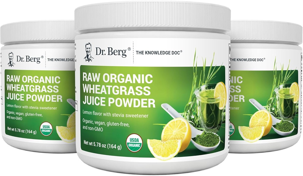 Dr. Berg's Raw Wheatgrass Juice Powder (60 Servings) - USDA Certified Organic Wheatgrass Powder w/ Chlorophyll, Trace Minerals & Natural Enzymes - Ultra-Concentrated - Lemon Flavor w/ Stevia 3 Pack