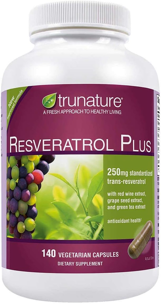 Trunature Resveratrol Plus Gestandaardiseerde Trans-Resveratrol 250 Milligram, 140 Vegetarische Capsules
