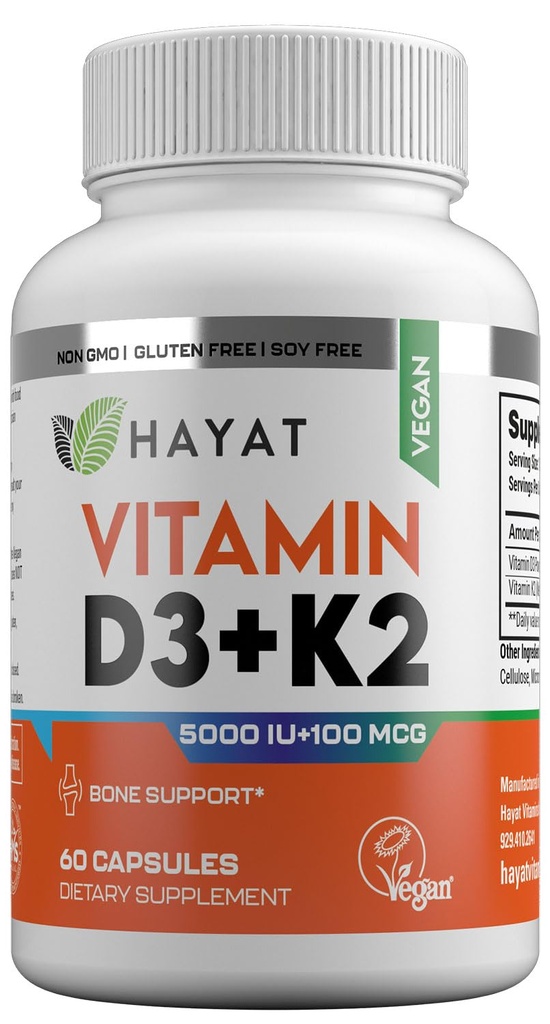 HAYAT Vitamins Vegan Vitamin D3+K2 (5000 IU + 100 MCG), Dietary Supplement for Bone, Teeth, Muscle and Immune Health Support, 2 Month Supply, Certified Halal, 60 Capsules, Made in The USA