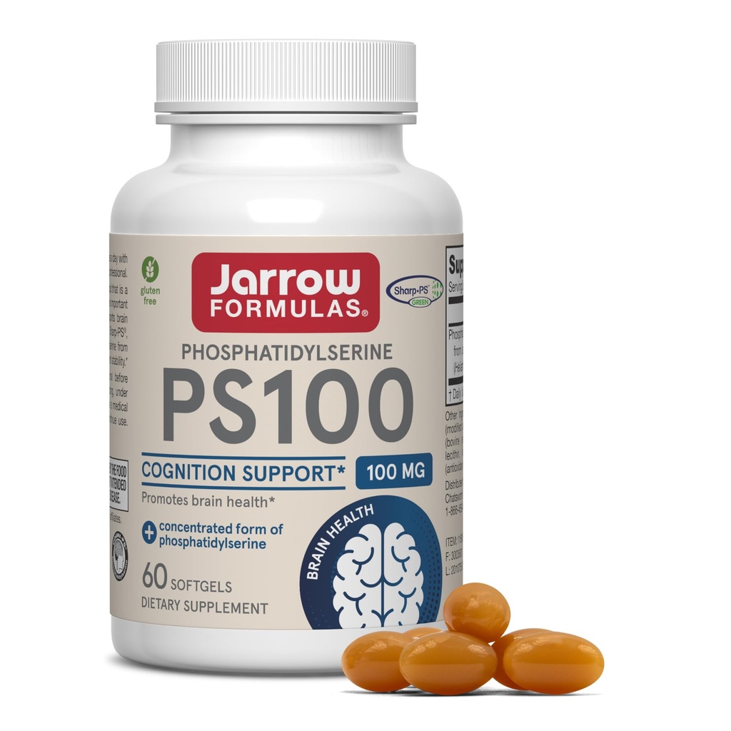 Jarrow Formules PS100 Fosfatidylserine 100 mg, Dieetsupplement voor Brain Health and Cognition Support, 60 Softgels, 20-60 dagen levering