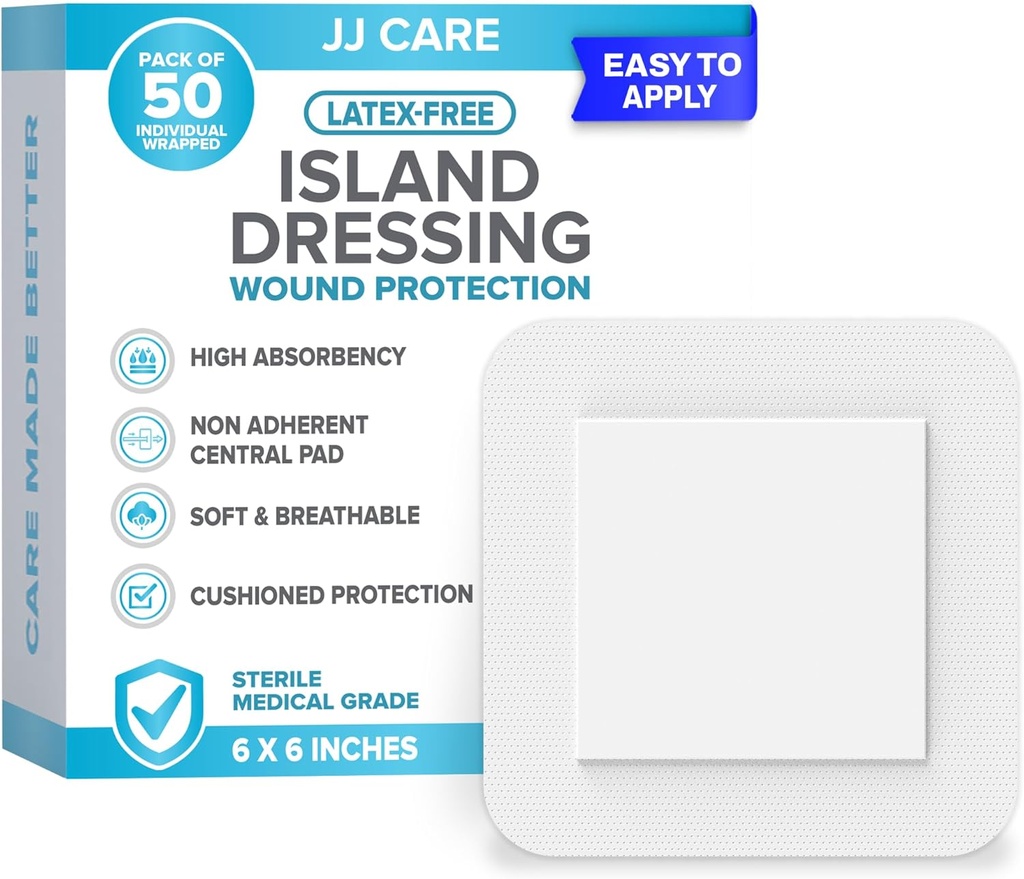 JJ CARE Kleefeiland Dressing [Pack van 50], 6x6 Steriel omrand Gaas Dressing, ademend eiland Wond Dressing Individueel verpakt met zeer Absorberende Non-Stick Center Pad